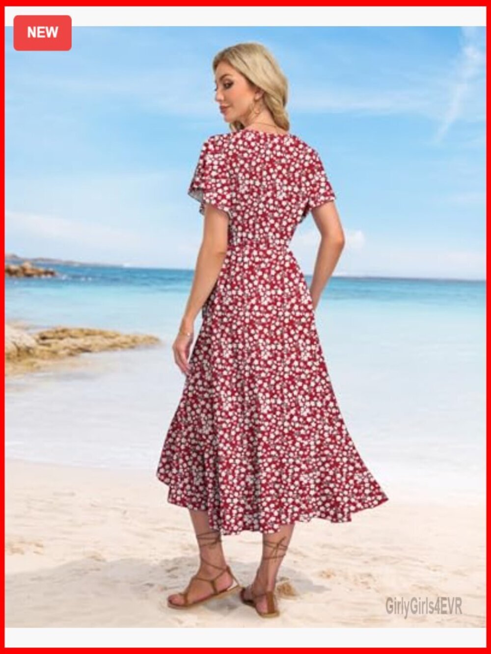 Women Wrap Midi Dress V Neck Flutter Sleeve Flowy Ruffle Slit - Picture 5 of 6